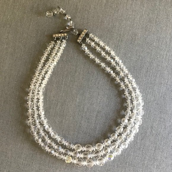 Vintage 3 Strand Aurora Borealis Crystal Necklace Rhinestone Extension 14-16 In - Picture 2 of 7